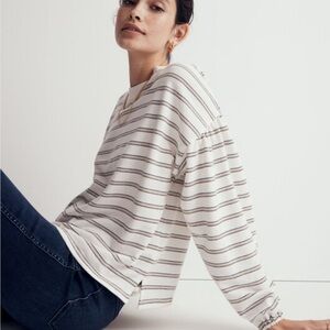 Madewell Cotton Blend Long Sleeve Tee Top in Stripe XS Antique Cream